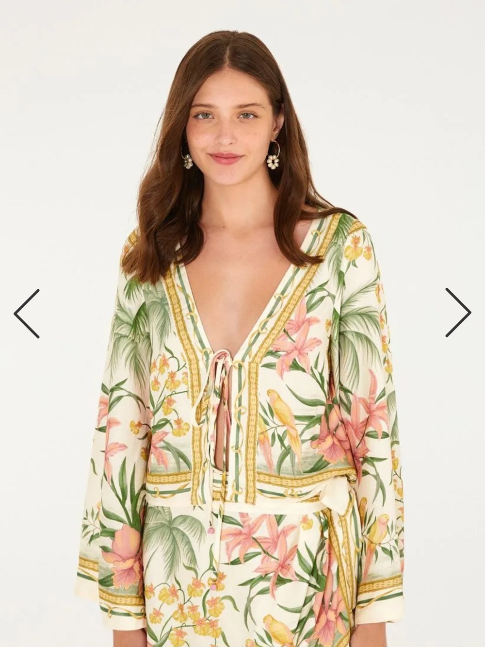 Farm Rio Floral cardigan shirt front tie Color Multi long bell sleeves